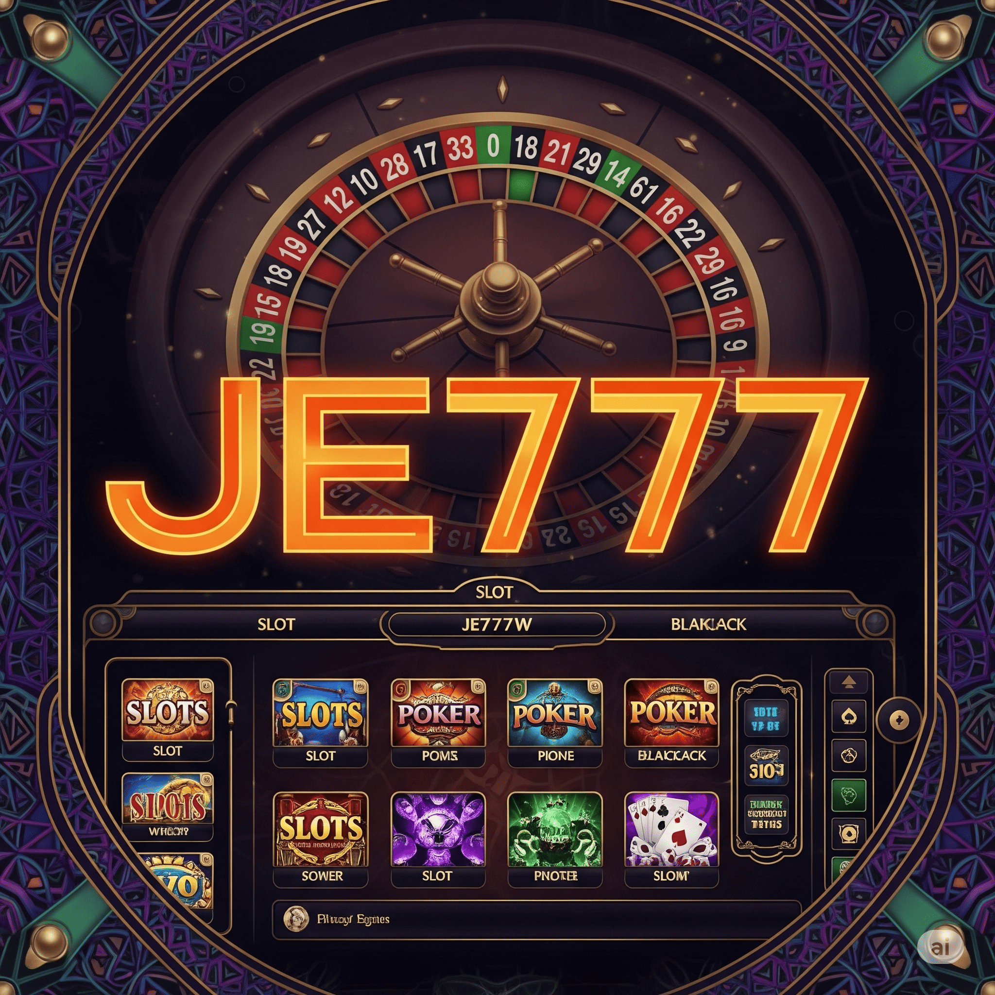 Dynamic montage of JE777 gameplay including slots, live dealers, and sports betting